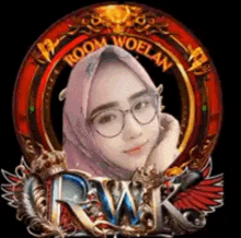 a woman wearing a hijab and glasses is in a circle with a crown .