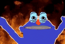 a blue cartoon character with a sad face is standing in front of a fire background .
