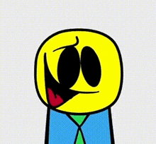 a cartoon drawing of a yellow smiley face wearing a blue jacket and tie .