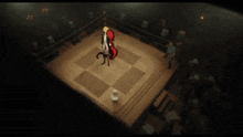a red horse is in a boxing ring with a sheep