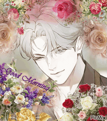 a picture of a man surrounded by flowers with the words good morning written below him