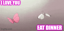 two butterflies are flying next to each other with the words i love you and eat dinner above them