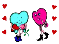 a blue heart is holding a rose and a pink heart is holding a red heart