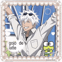 a picture of a man with the words gojo de latte on the bottom