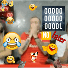 a man in a red shirt is surrounded by a bunch of smiley faces and a sign that says no inter