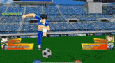 a soccer player is kicking a soccer ball in a game