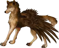 a drawing of a wolf with wings on it 's back