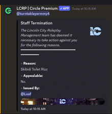 a message from lcrp circle premium shows the staff termination of the lincoln city roleplay management team