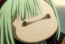a close up of a cartoon character 's face with green hair and black eyes