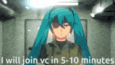a pixel art of a girl with blue hair and the words " i will join vc in 5 -10 minutes "