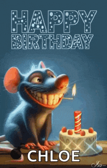 a happy birthday card with a mouse sitting next to a cake