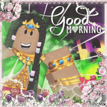 a picture of a girl with a crown on her head and the words good morning