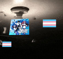 a poster of neon white with a transgender flag in the background