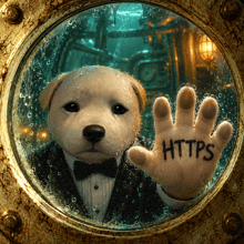 a puppy in a tuxedo and bow tie holds up a hand with the word https written on it