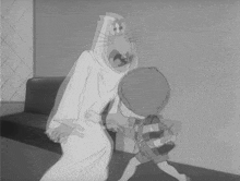 a black and white cartoon of a ghost and a child