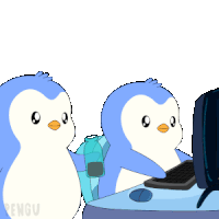 two penguins are standing next to each other in front of a computer with the letters fnvgv on the bottom right