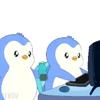 two penguins are standing next to each other in front of a computer with the letters fnvgv on the bottom right