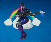 a girl playing a guitar while sitting on a cloud with a rainbow in the background