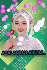 a woman in a white dress with the words " assalamualaikum " on it