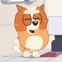 a close up of a cartoon dog with its eyes closed standing next to a box .