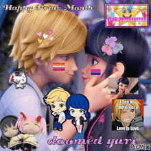 a picture of a boy and a girl with the words happy pride month doomed yuri