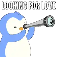 a penguin looking through a telescope with the words " looking for love " written above it