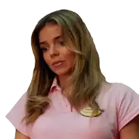 a woman wearing a pink shirt with a name tag that says victoria on it