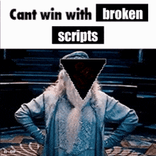 a man with a beard is standing with his hands on his hips in front of a broken script .