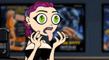 a cartoon character with purple hair and green eyes sticking out her tongue
