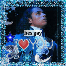a picture of a man in a suit with the words hes gay above him