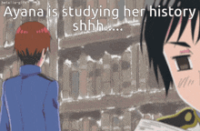 a cartoon of a man reading a book with the words " ayana is studying her history shhh "