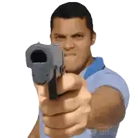 a man in a blue shirt is pointing a gun at the camera made with unsee