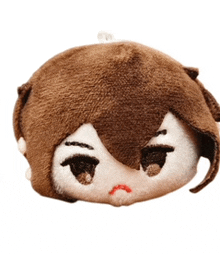 a stuffed animal with brown hair and a sad look on its face