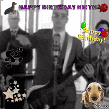 a picture of a man playing a guitar with the words happy birthday keith written above him