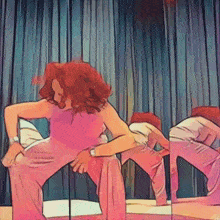 a cartoon of a woman in a pink dress dancing in front of a mirror