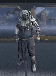 a statue of a pig giving the middle finger in front of mountains