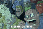 a group of cartoon characters are screaming with the words gisahin gisahin written on the bottom