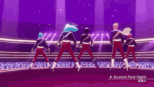 a group of people dancing on a stage with the words eccentric party night written on the bottom