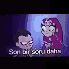 a cartoon of a boy and a girl with the words son bir soru daha