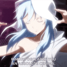 a girl with blue hair is wearing a white hat and says rimuru declares you an absolute cenima .