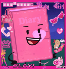a pink diary with a face on it and the words princess baby girl
