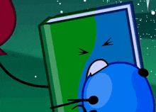 a cartoon drawing of a blue object holding a book