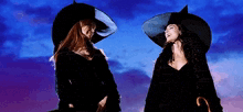 two women in witch costumes are standing next to each other .