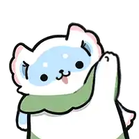 a cartoon cat with a green scarf around its neck is waving .