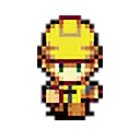 a pixel art of a person wearing a yellow helmet and a red shirt .