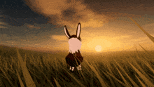 a rabbit is standing in a field with the sun setting in the background