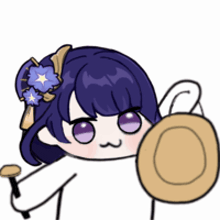 a cartoon girl with purple hair is holding a hat and a microphone .