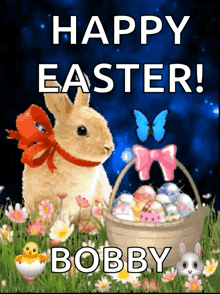 a happy easter card with a bunny and a basket of easter eggs