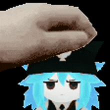 a hand is putting something on the head of a blue haired anime character .