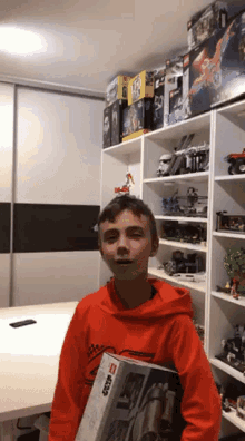 a boy in an orange sweatshirt holds a lego box